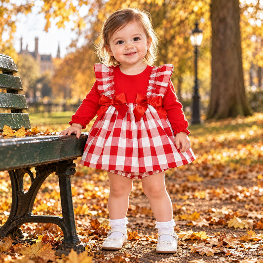 Baby Girls Red Checked Puff Dress & Pants