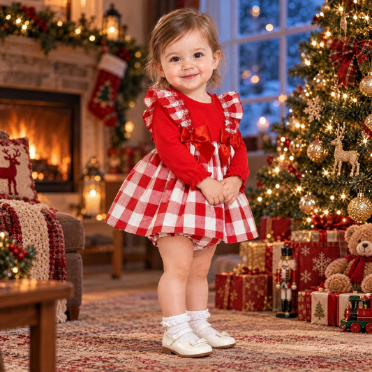 Baby Girls Red Checked Puff Dress & Pants