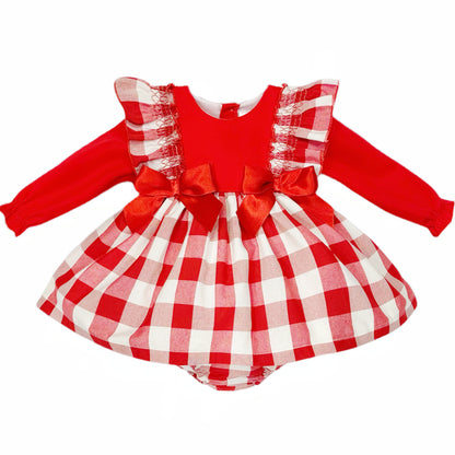 Baby Girls Red Checked Puff Dress & Bloomers