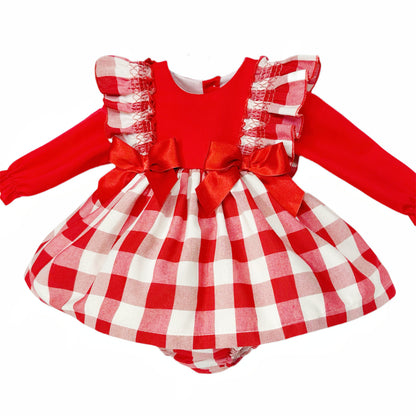 Baby Girls Red Checked Puff Dress & Bloomers