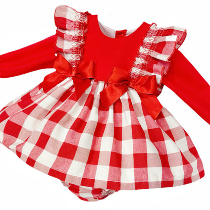 Baby Girls Red Checked Puff Dress & Bloomers