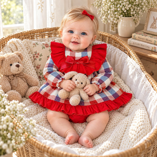 Baby Girls Red Checked Big Collar Dress With Pants