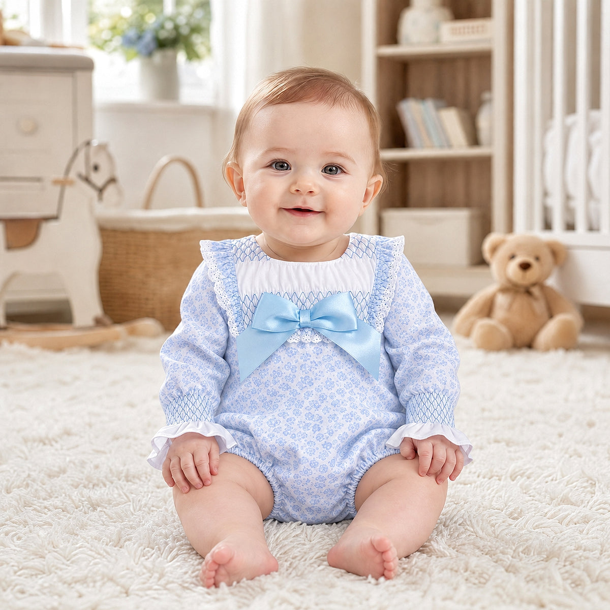 Baby Girls Blue Floral Smocked Romper