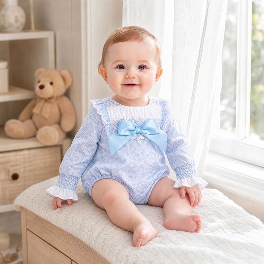 Baby Girls Blue Floral Smocked Romper