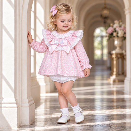 Baby Girls Pink Floral Large Collar Dress & Pants