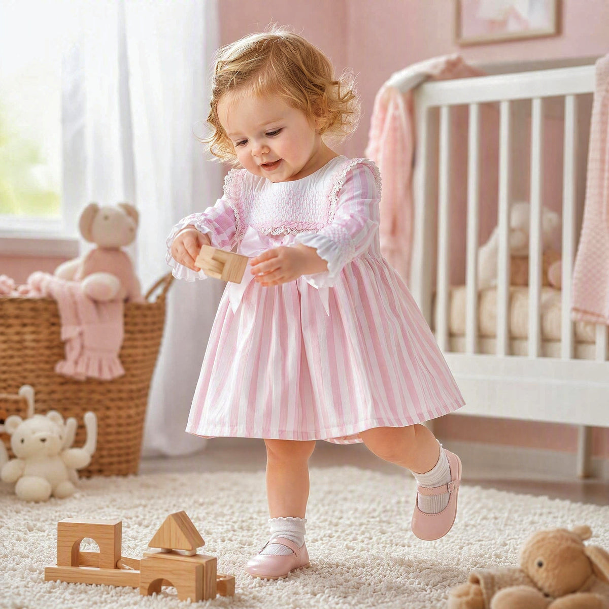 Baby Girls Pink Stripe Smocked Front Dress With Pants