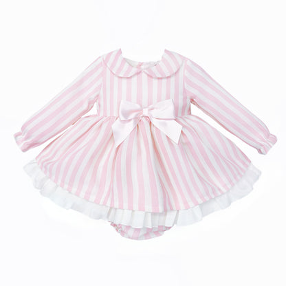 Baby Girls Pink and White Striped Bow Dress and Pants Set