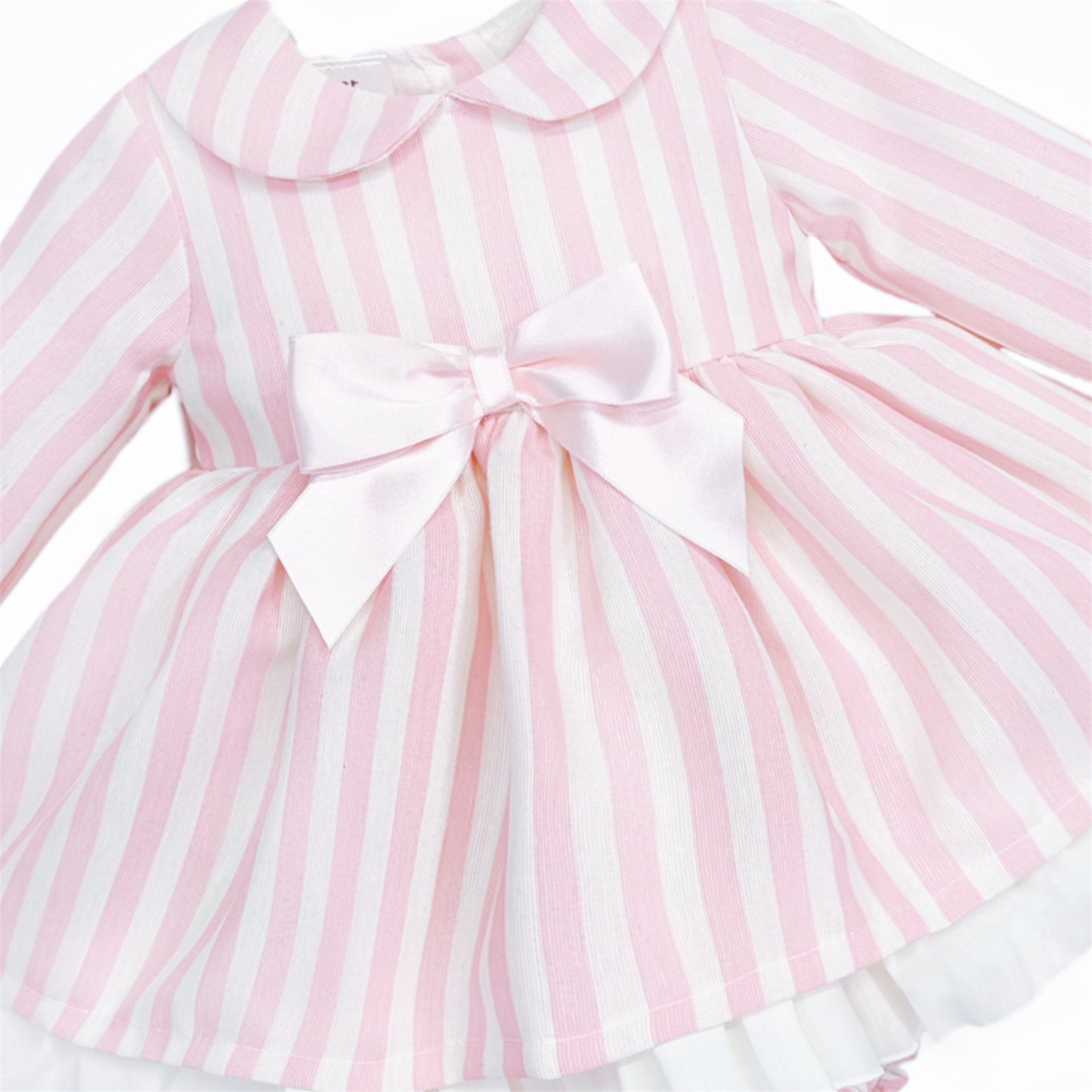 Pink and white striped baby dress with satin waist bow