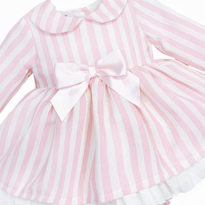 Pink and white striped baby dress with satin waist bow