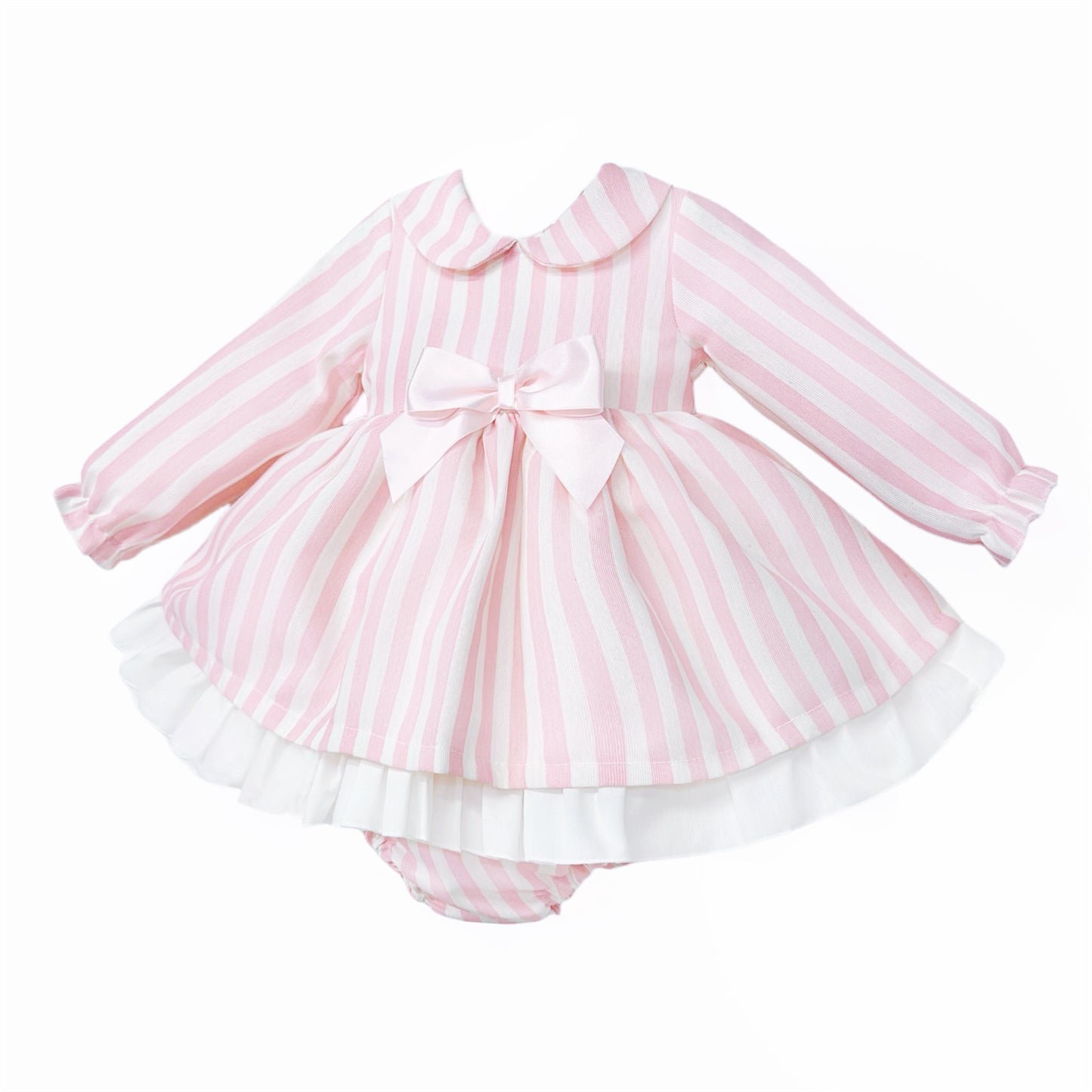 Baby girls pink striped dress and pants set, full front view