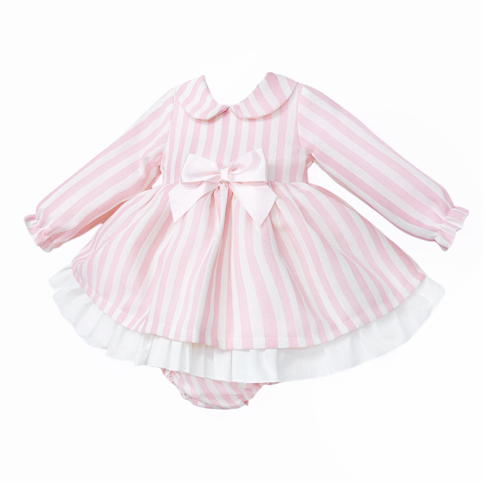 Baby girls pink striped dress and pants set, full front view