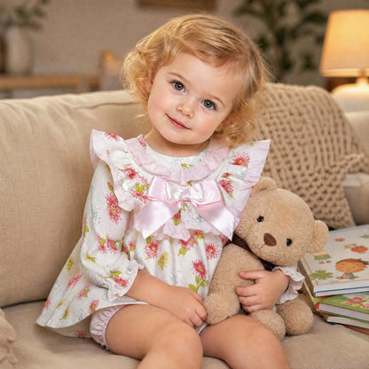 Baby Girls Pink/cream Floral Frilly Neck Dress With Pants