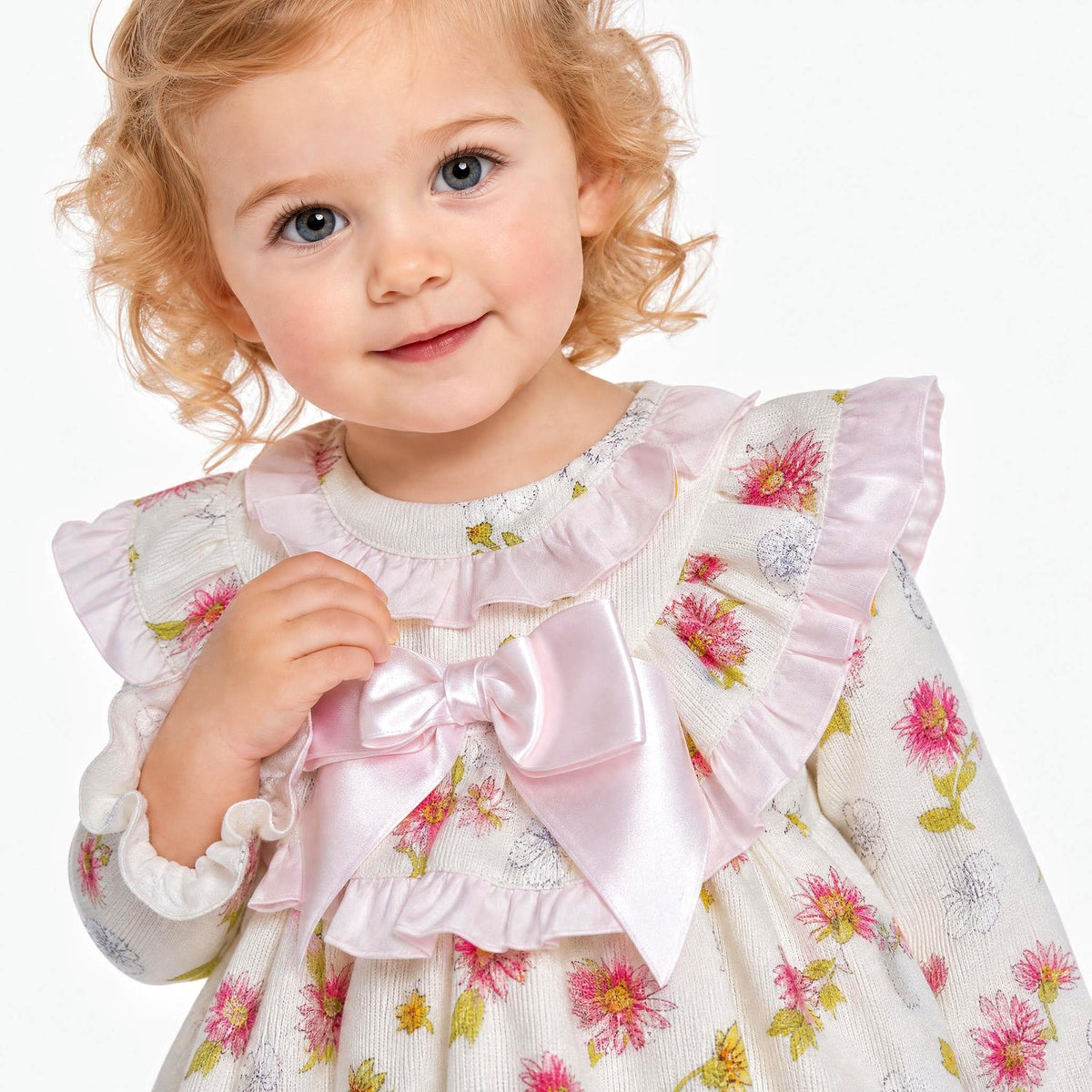 Baby Girls Pink/cream Floral Frilly Neck Dress With Pants