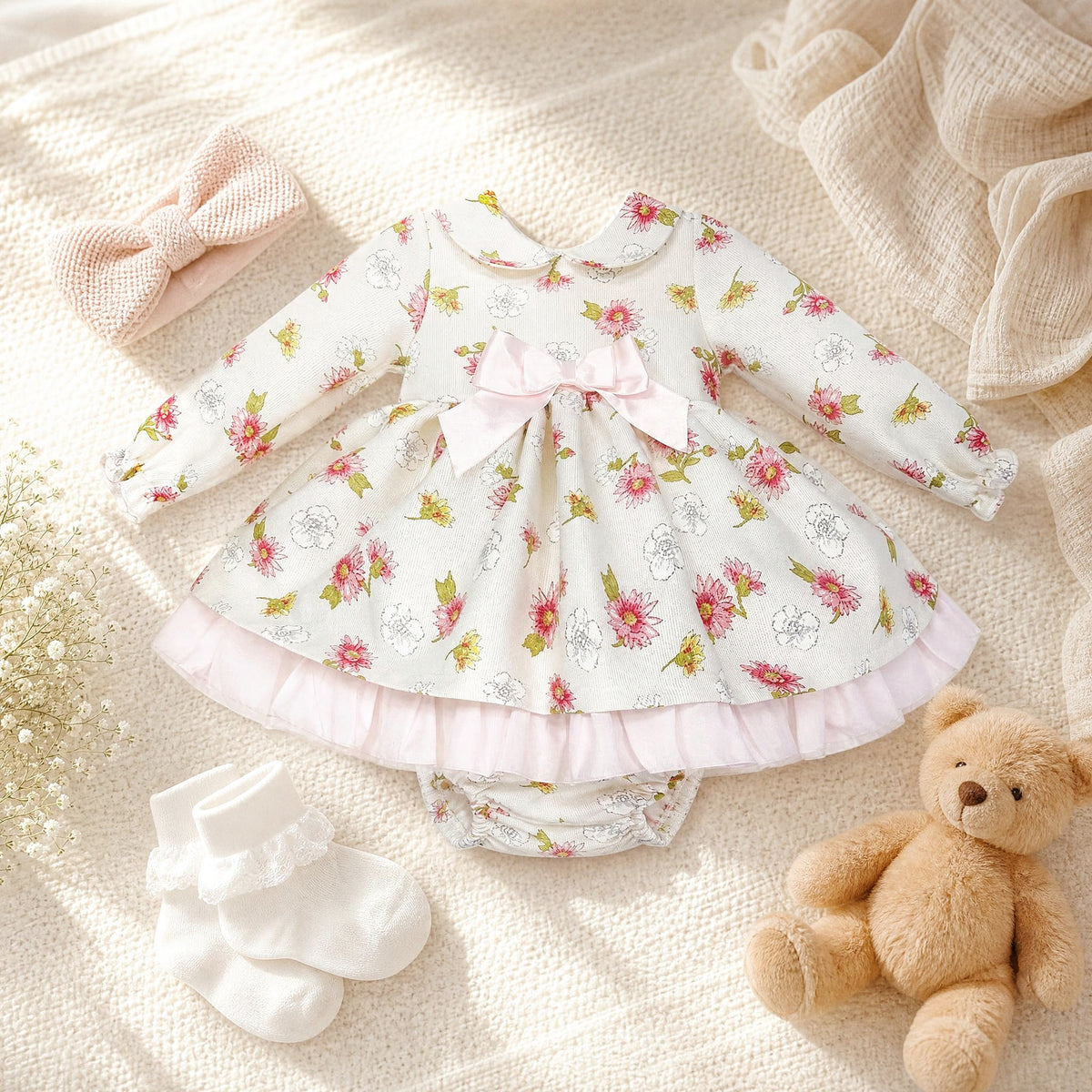 Baby Girls Pink/cream Floral Puff Ball Dress With Pants