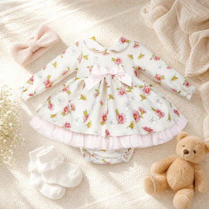 Baby Girls Pink/cream Floral Puff Ball Dress With Pants