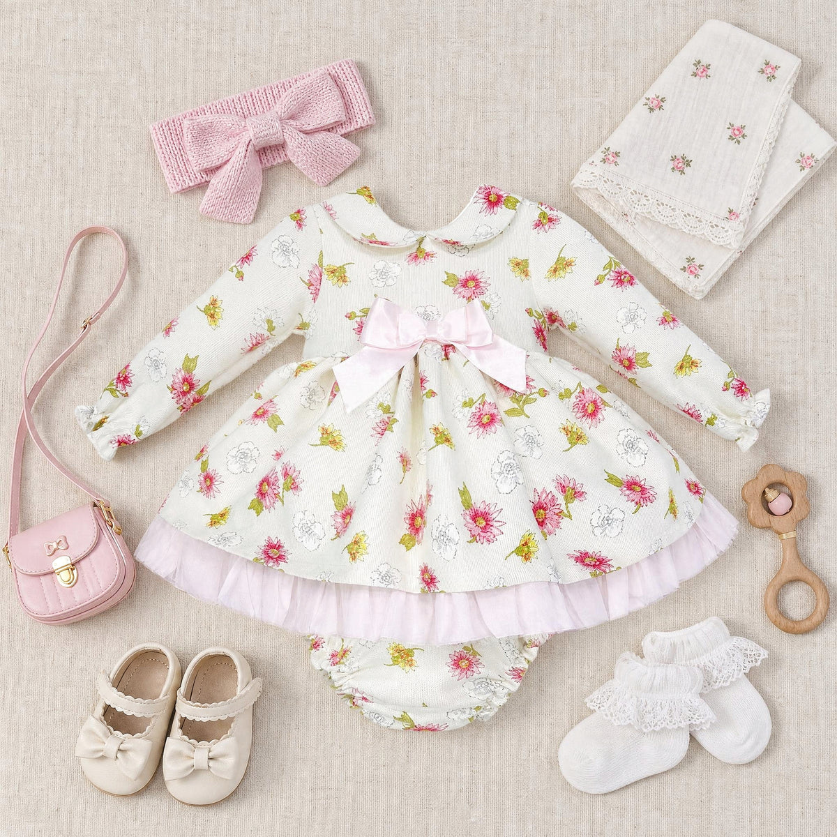 Baby Girls Pink/cream Floral Puff Ball Dress With Pants