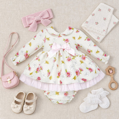 Baby Girls Pink/cream Floral Puff Ball Dress With Pants