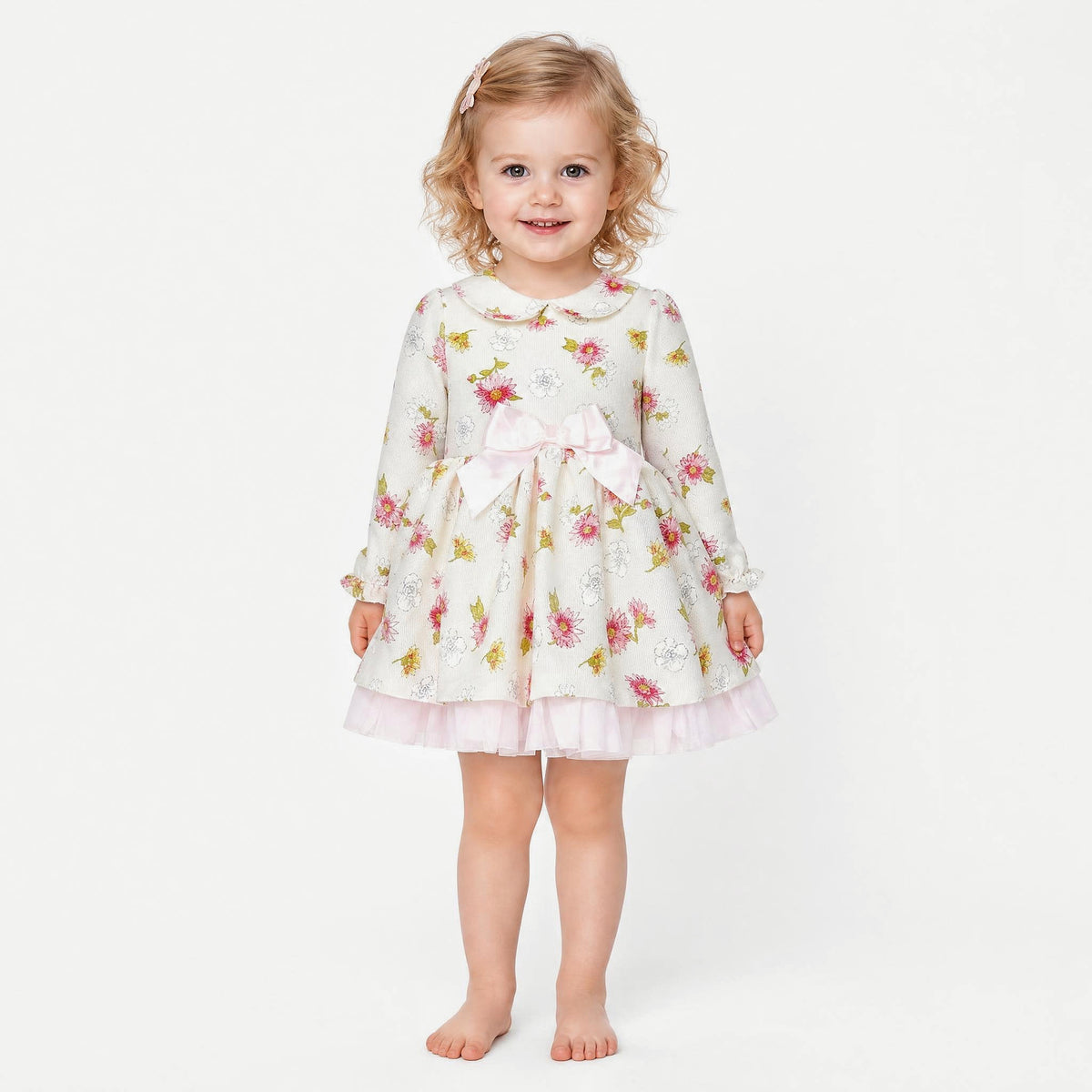 Baby Girls Pink/cream Floral Puff Ball Dress With Pants