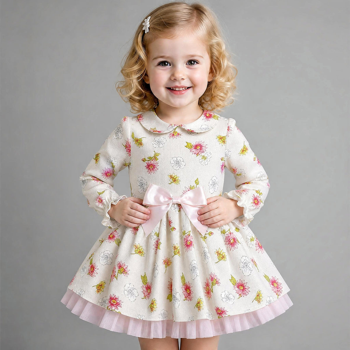 Baby Girls Pink/cream Floral Puff Ball Dress With Pants