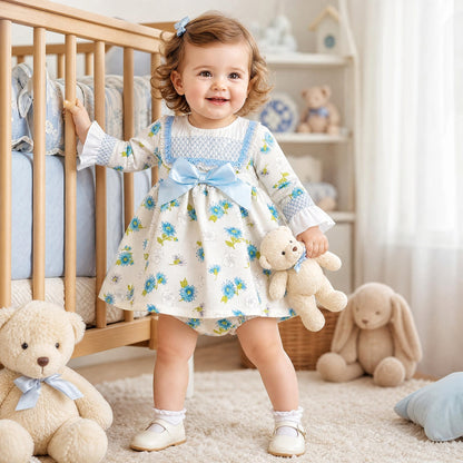 Baby Girls Blue/cream Floral Puff Ball Dress With Pants