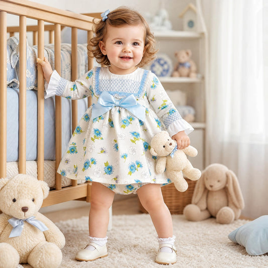 Baby Girls Blue/cream Floral Puff Ball Dress With Pants