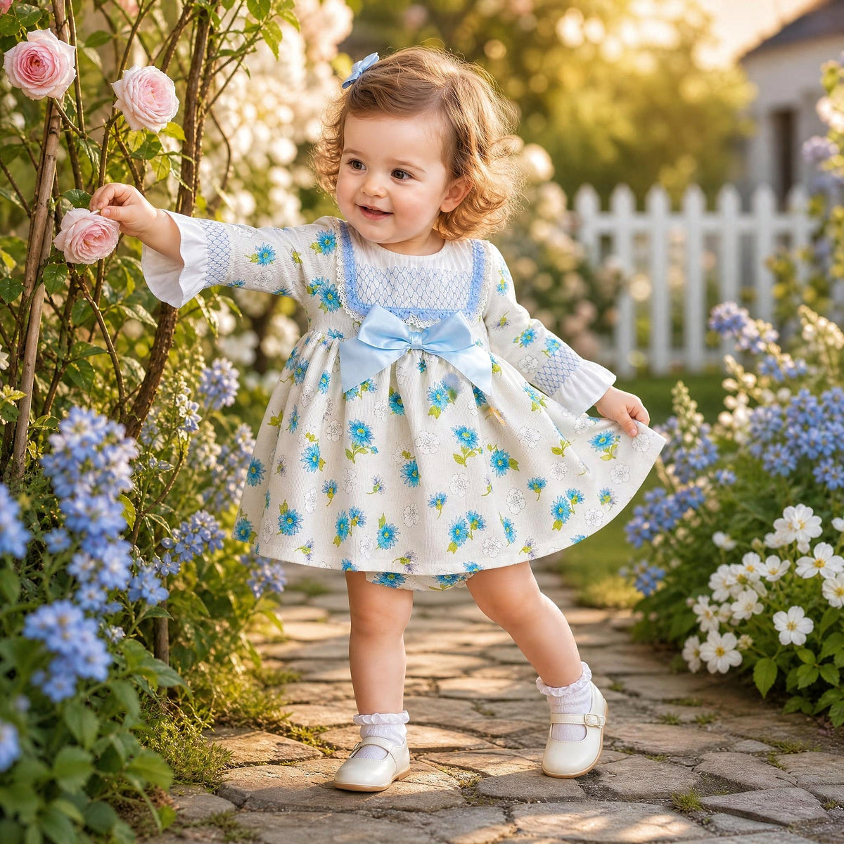 Baby Girls Blue/cream Floral Puff Ball Dress With Pants
