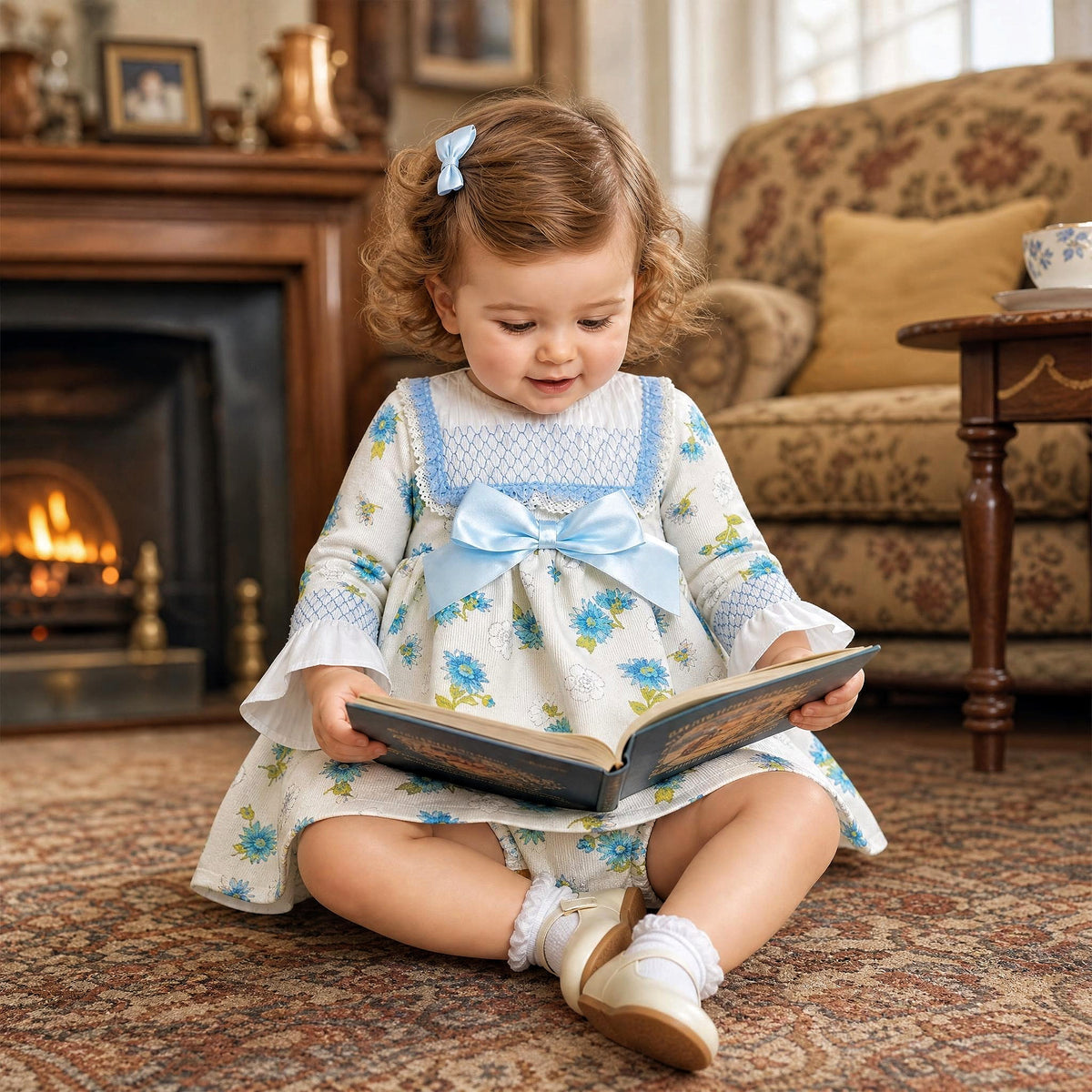 Baby Girls Blue/cream Floral Puff Ball Dress With Pants