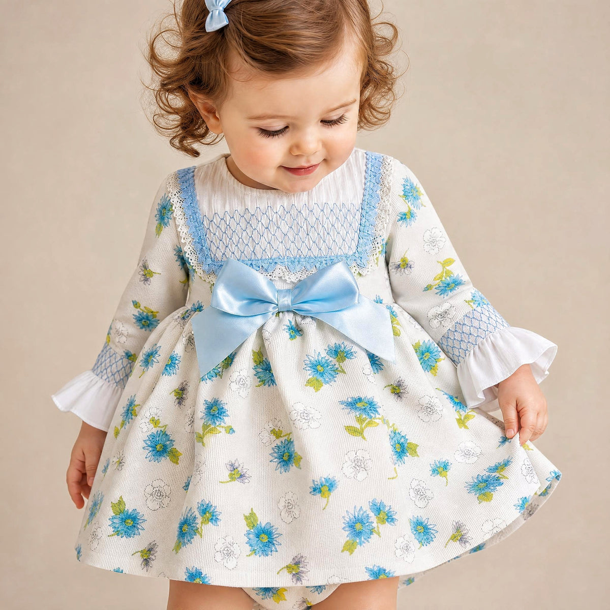 Baby Girls Blue/cream Floral Puff Ball Dress With Pants