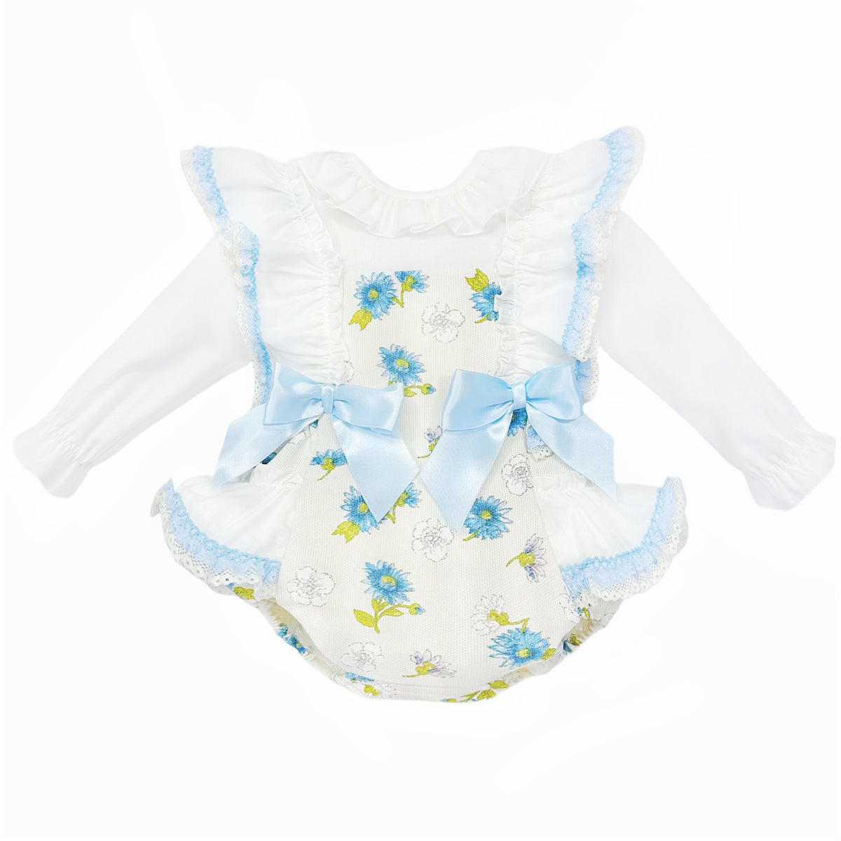 Baby Girls Blue Floral Dungaree and Blouse Set