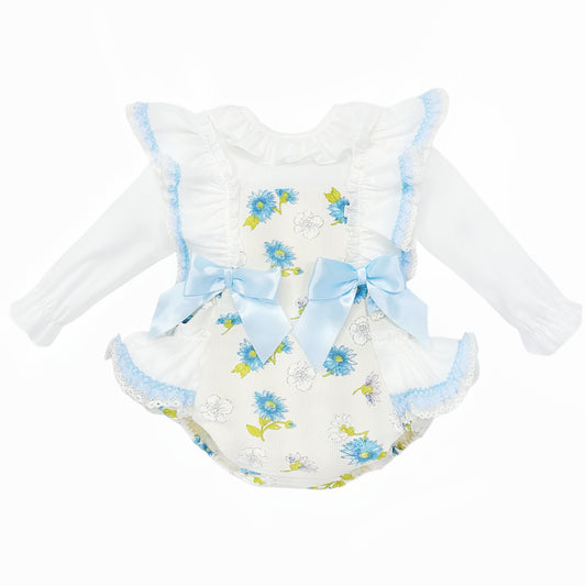 Baby Girls Blue Floral Dungaree and Blouse Set