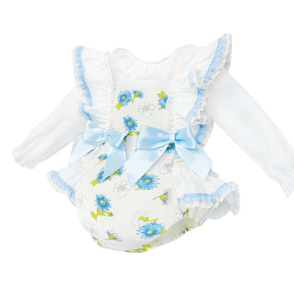 Baby Girls Blue Floral Dungaree and Blouse Set