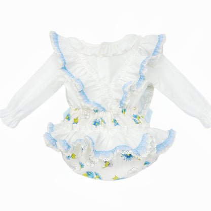 Baby Girls Blue Floral Dungaree and Blouse Set