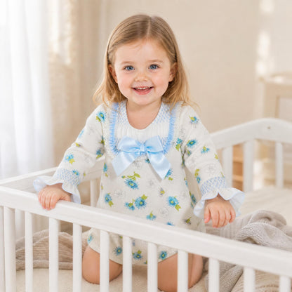 Baby Girls Blue/cream Floral Smocked Romper