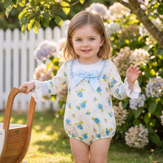 Baby Girls Blue/cream Floral Smocked Romper
