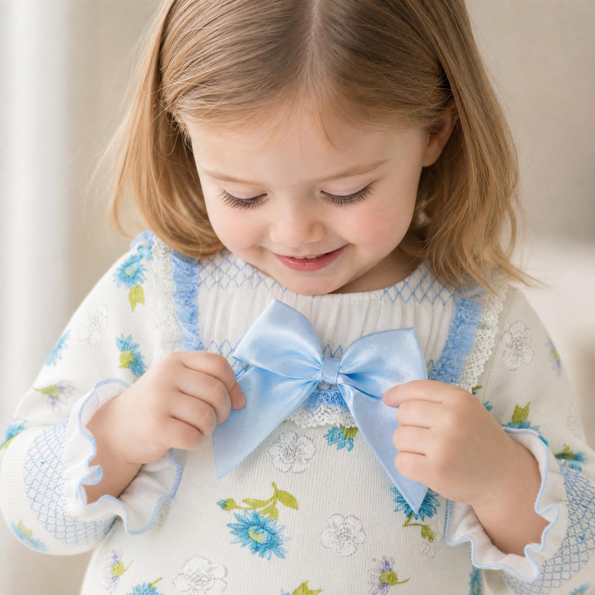 Baby Girls Blue/cream Floral Smocked Romper