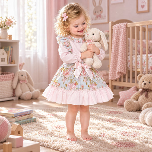 Baby Girls Pink Floral Frilly Shoulder Shirt With Skirt