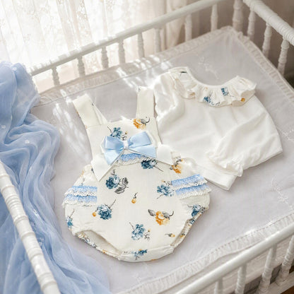 Baby Girls Cream Floral Lace Frilly Romper With Shirt