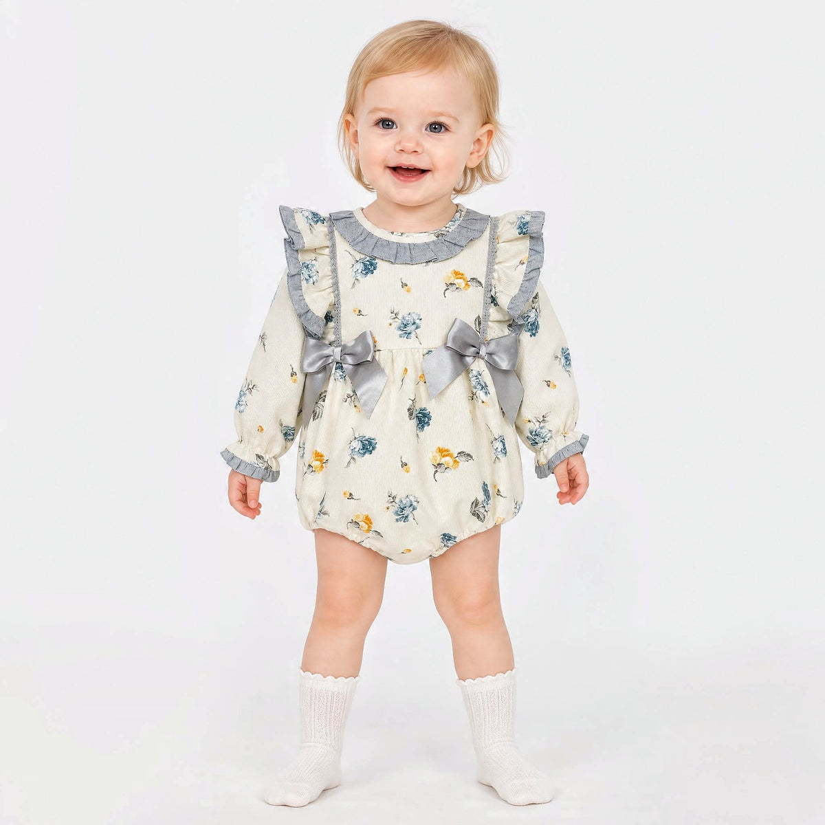 Baby Girls Cream Floral Frilly Shoulder Romper