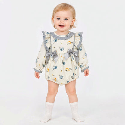 Baby Girls Cream Floral Frilly Shoulder Romper