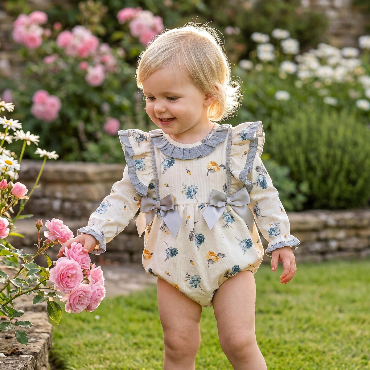 Baby Girls Cream Floral Frilly Shoulder Romper