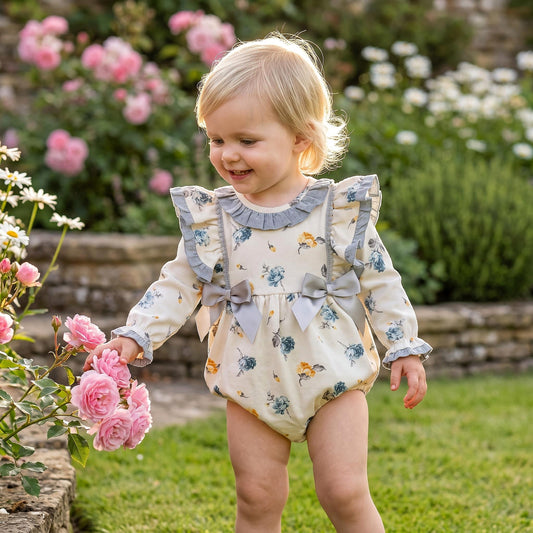Baby Girls Cream Floral Frilly Shoulder Romper