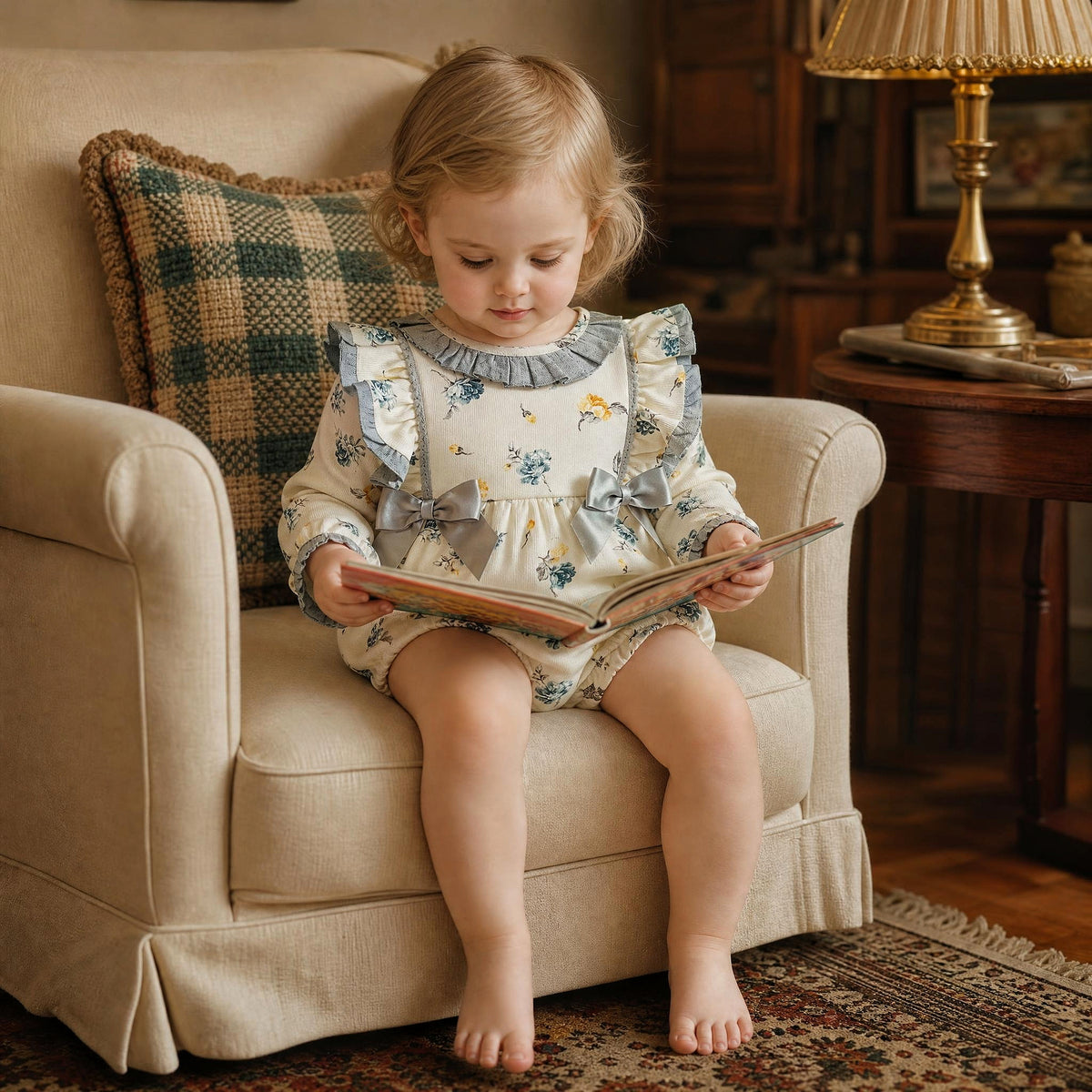 Baby Girls Cream Floral Frilly Shoulder Romper