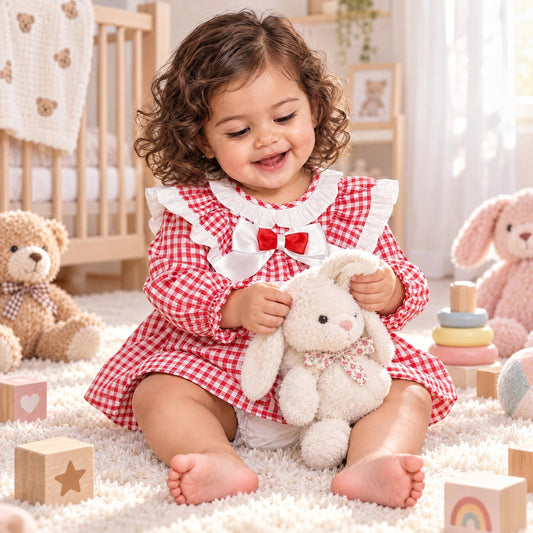 Baby Girls Red Gingham Frilly Dress With Pants