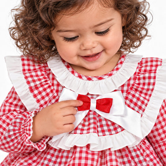 Baby Girls Red Gingham Frilly Dress With Pants