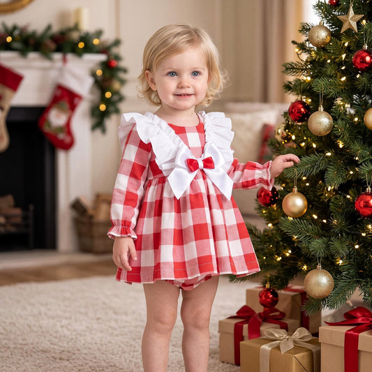 Baby Girls Red Check Ruffle Bow Dress and Pants