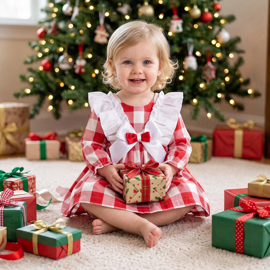 Baby Girls Red Check Ruffle Bow Dress and Pants