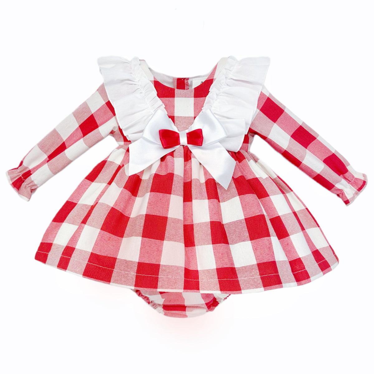 Baby Girls Red Check Ruffle Bow Dress and Pants