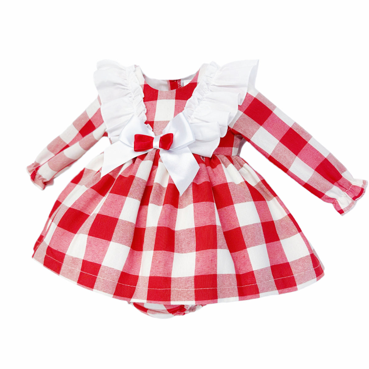 Baby Girls Red Check Ruffle Bow Dress and Pants