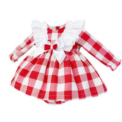 Baby Girls Red Check Ruffle Bow Dress and Pants