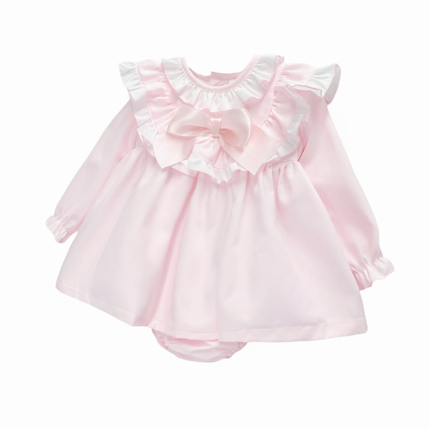 Baby Girls Pale Pink Ruffle Bow Dress and Pants Set